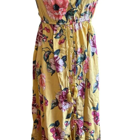 Floral Yellow Off-Shoulder Maxi Dress Ruffled Neckline Button Front Tassel - Picture 5 of 10